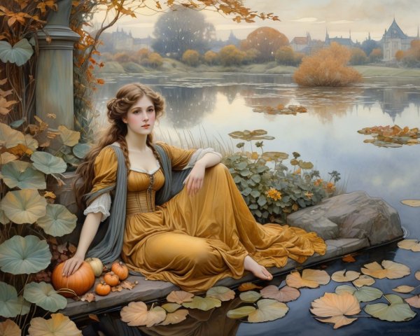 Serene lake scene with a woman in golden dress