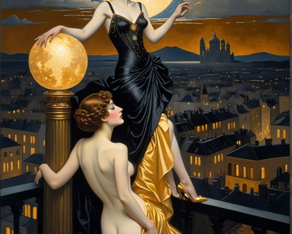 Elegant Women on Balcony Overlooking Moonlit City