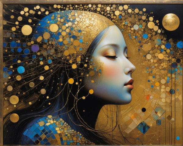 Serene Female Profile on Gold Background with Patterns