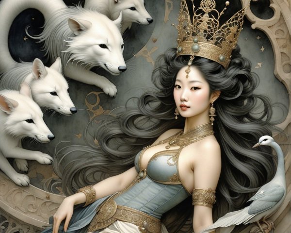 Serene Woman in Elegant Attire Surrounded by Foxes