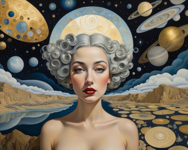 Woman with Silver Hair in Cosmic Landscape Art
