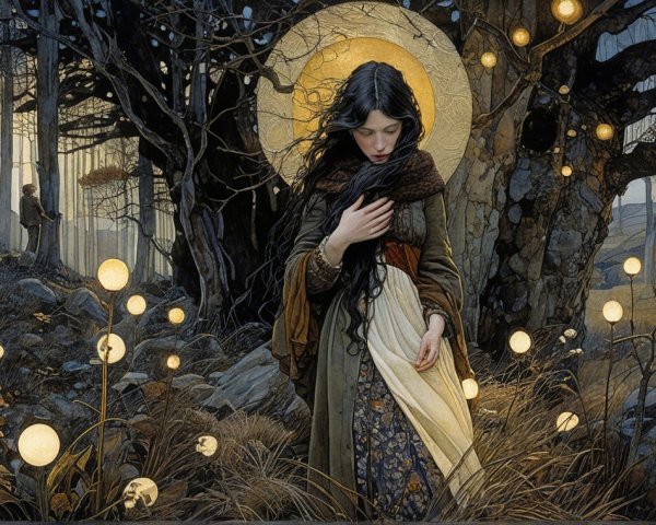 Young woman in mystical forest with glowing orbs