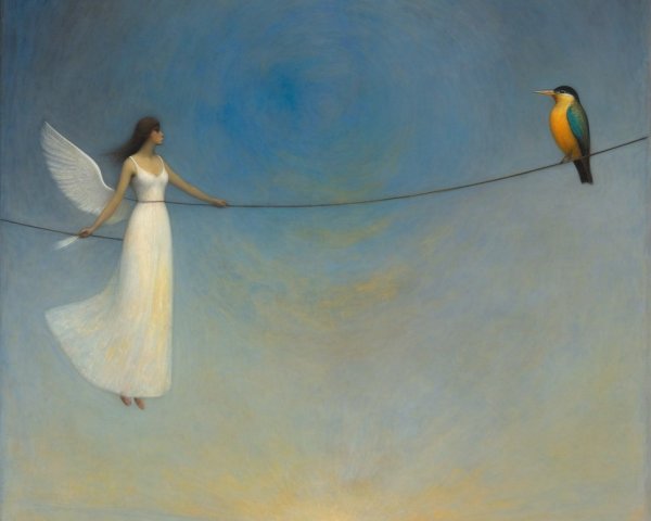 A serene scene of a woman with wings and a kingfisher