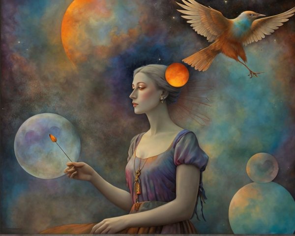 Serene Woman with Flame in Cosmic Landscape