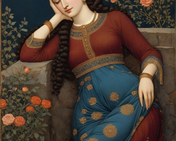 Serene Woman in Embroidered Dress Against Stone Wall