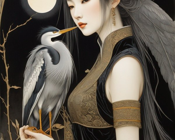 Ethereal Woman with Winged Details and Heron Under Moon