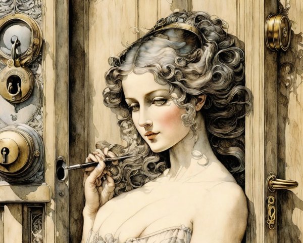 Ethereal Woman at Ornate Door with Intricate Details
