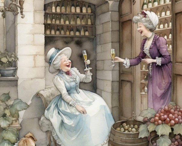 Elegant Women Enjoying Wine in Cozy Cellar