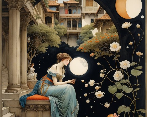 Moonlit Garden with Woman in Blue Gown Reading