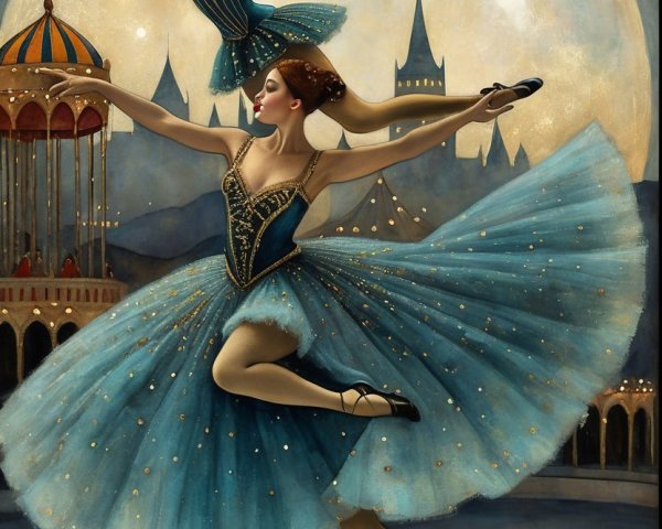 Ballerinas in Blue Tutus Against a Moonlit Backdrop