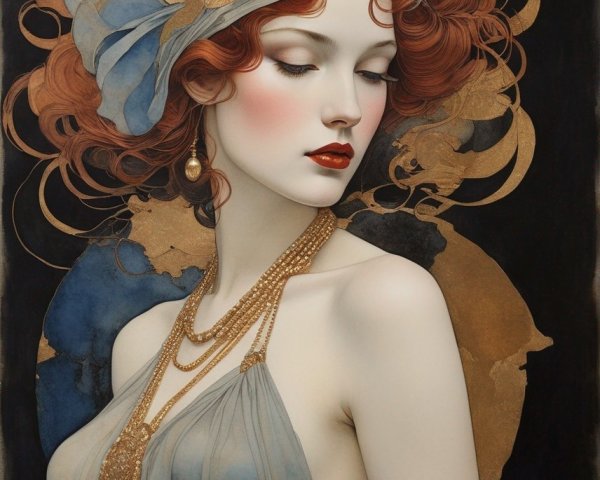 Art Nouveau Illustration of Woman with Red Hair and Hat