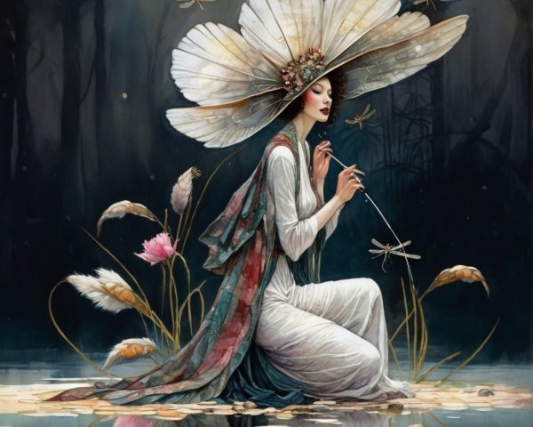 Serene Woman by Tranquil Pond in Dreamlike Setting