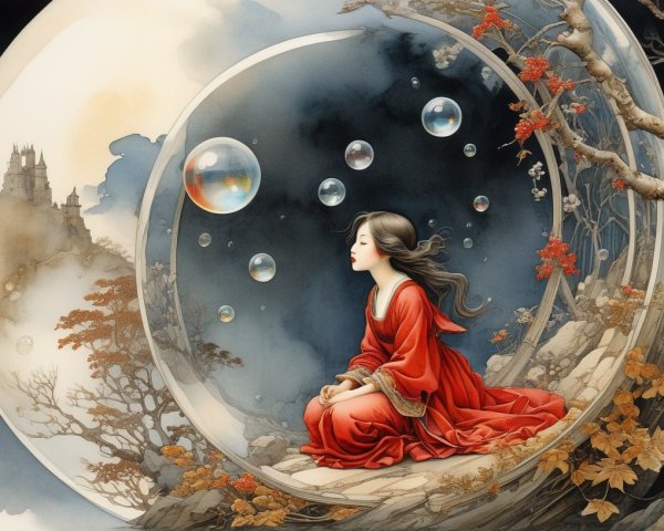Woman in Red Contemplates Under Autumn Tree and Moon