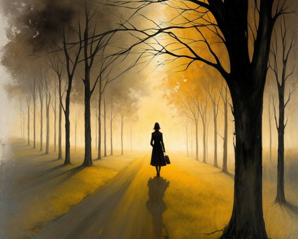 Solitary Figure Walking on Sunlit Path with Trees