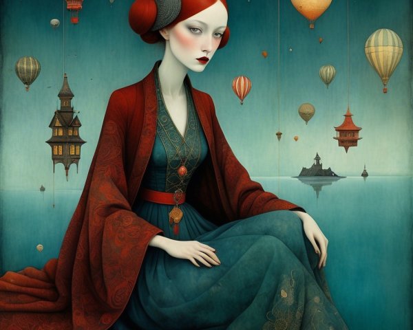 Ethereal figure with red hair in dreamy landscape