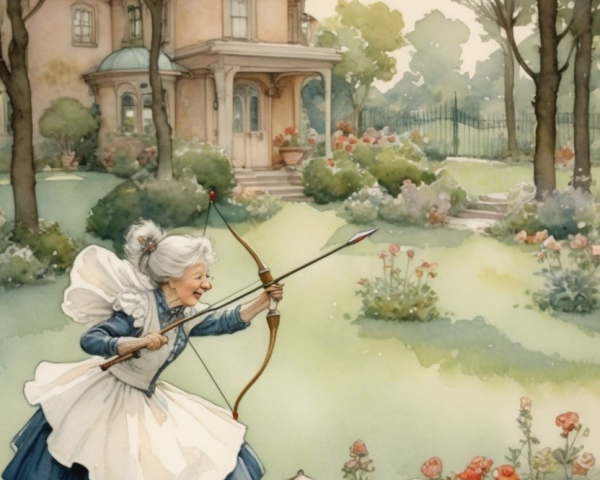 Elderly Woman in Garden Aiming Bow and Arrow