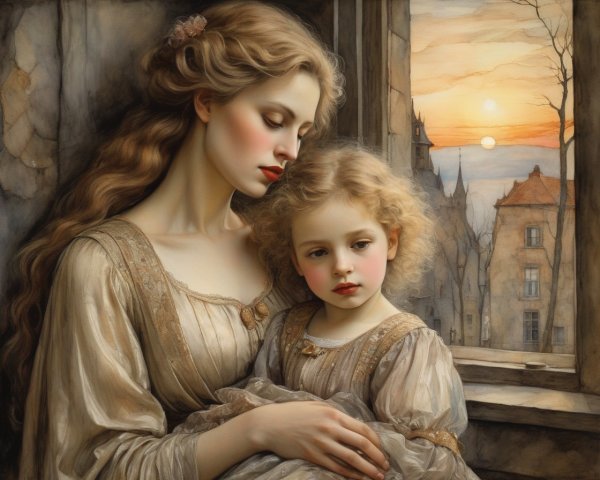 Mother and Daughter Embrace by a Sunset Window