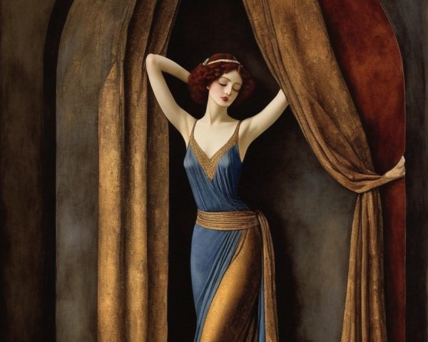 Elegant Woman in Blue Dress Under Grand Archway