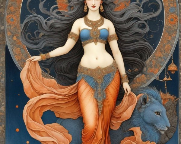 Illustration of Woman in Ornate Attire with Blue Wolf