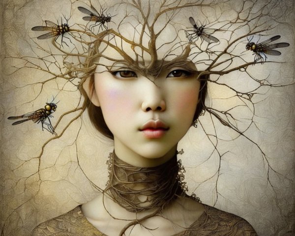 Surreal Portrait of Woman with Tree Structure and Bees