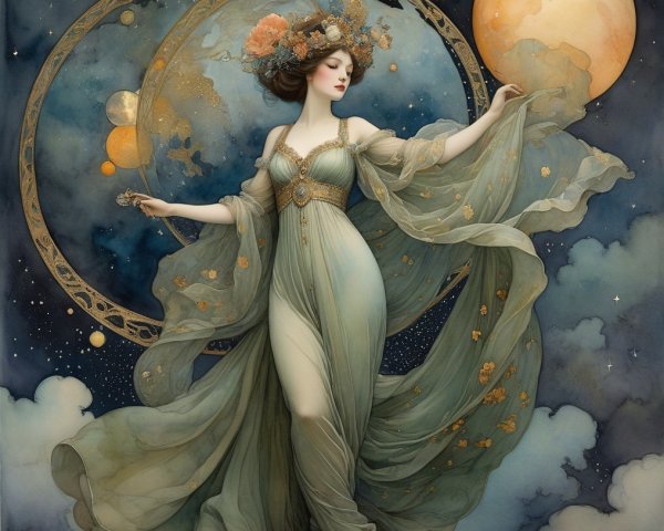 Celestial Scene with Elegant Figure in Flowing Gown