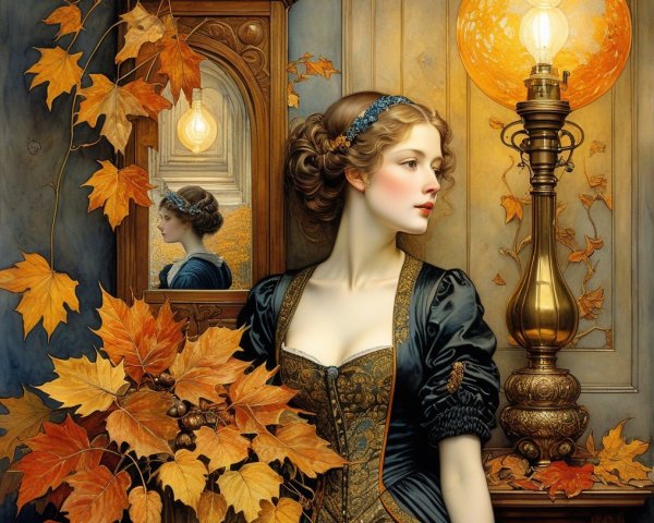 Young Woman in Vintage Setting with Autumn Leaves