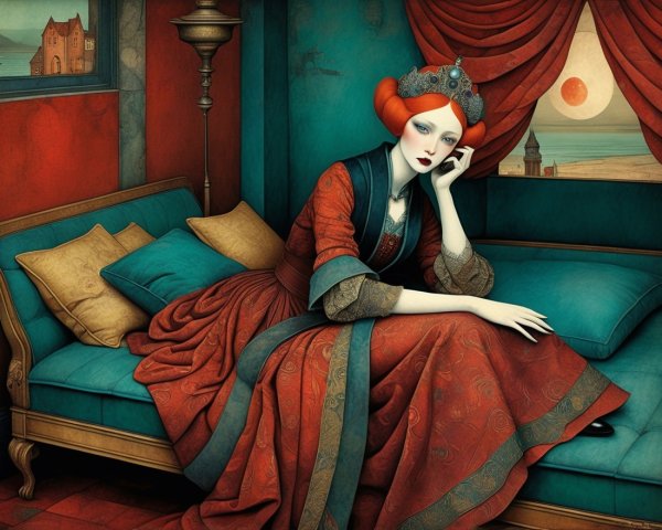 Regal Woman on Turquoise Couch with Seascape Backdrop