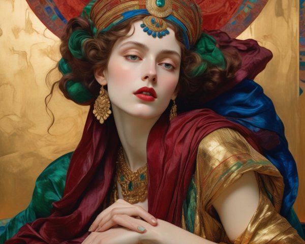 Regal woman in ornate headdress and colorful robes