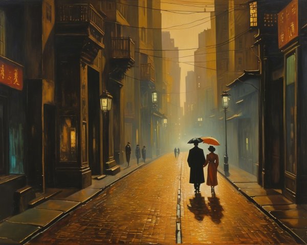 Romantic Evening Stroll on a Vintage City Street