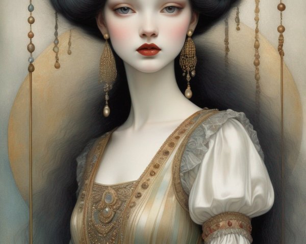 Illustration of a Woman in Elaborate Headdress and Dress