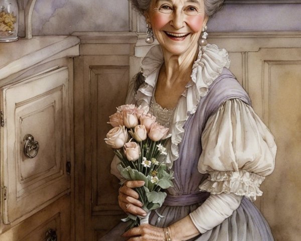 Elderly Woman in Cozy Kitchen with Pink Roses