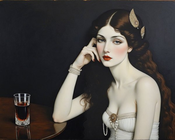 Low-light painting of a pale woman in pearl dress