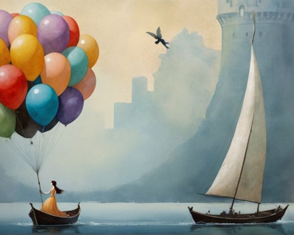 Woman in Boat with Balloons and Sailboat Nearby