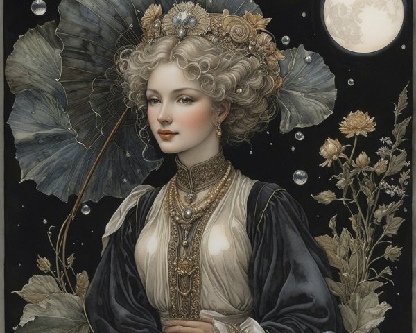 Serene Woman in Gown with Moonlit Background
