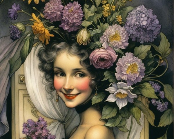 Woman with Floral Hair Arrangement and Joyful Smile