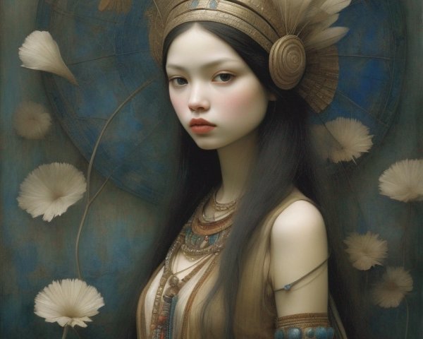 Surreal painting featuring woman with dark hair and ornamental jewelry