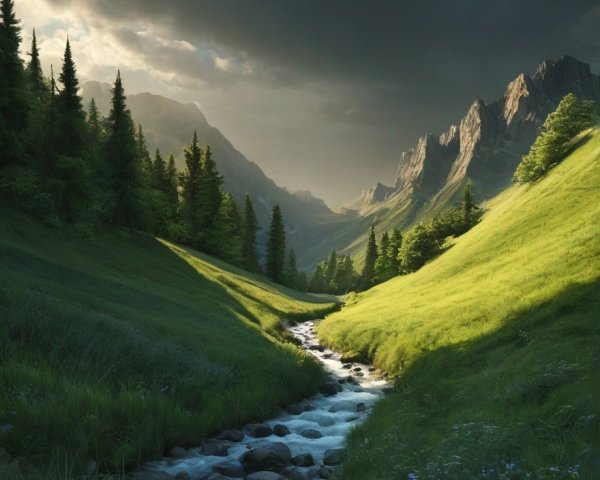 Serene Landscape with Stream and Mountains in Background