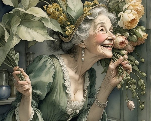 Elderly Woman in Vintage Gown Surrounded by Nature
