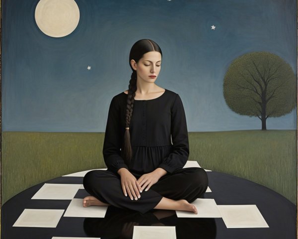 Serene figure on chessboard under night sky