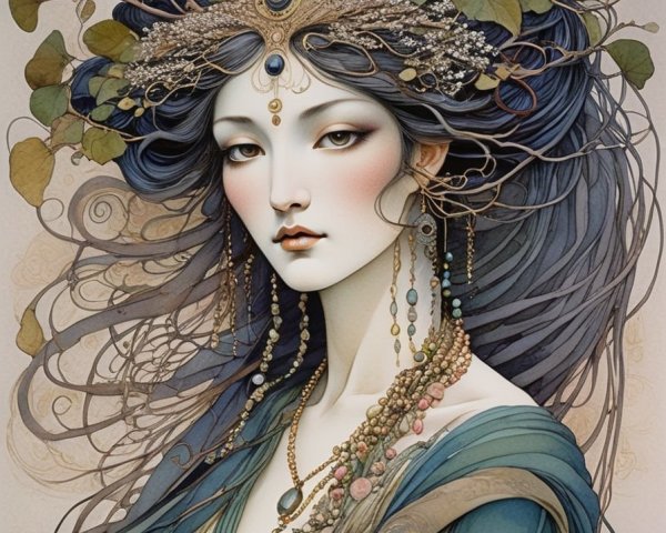 Illustration of woman with blue hair, gold jewelry, and greenery, emitting ethereal regal