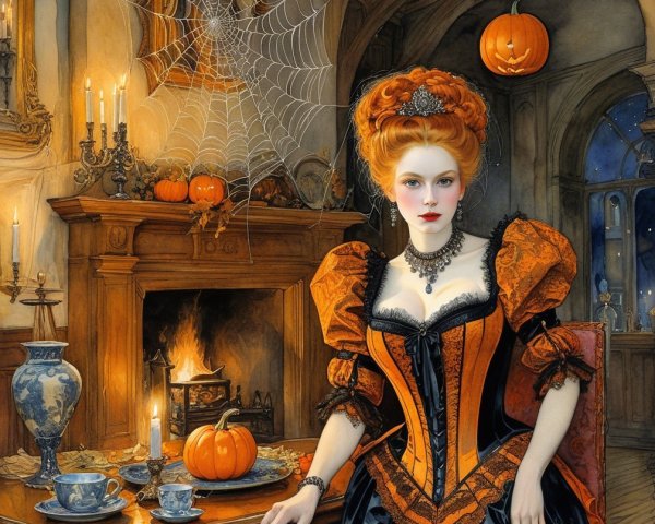 Elegant Woman in Halloween Decorated Room