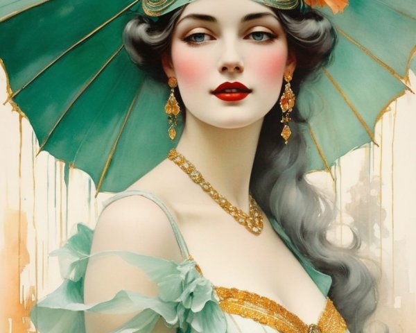 Illustrated woman with gray wavy hair, flower-hat, gold jewelry, and green parasol