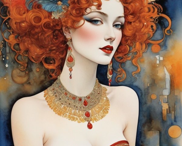 Vibrant Red Curly Hair Woman with Blue Eyes and Elaborate Orange Headdress