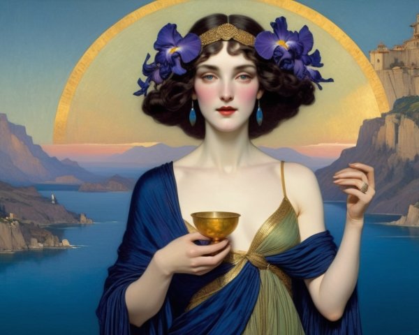 Woman with Gold Halo and Purple Flowers at Sunset