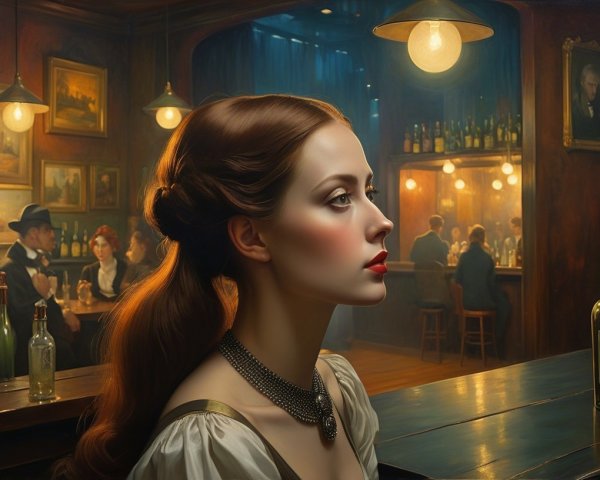 1920s Bar Scene with Woman in White and Gold Dress