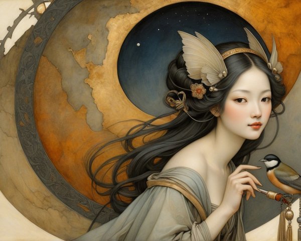 Graceful Woman with Bird Against Celestial Background