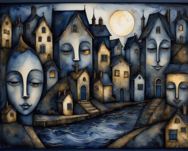 Whimsical Village Scene with Blues and Golds