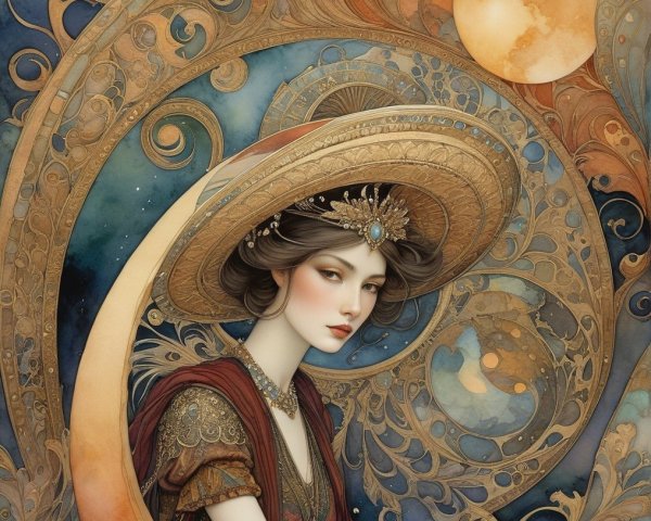 Elegant Woman in Antique Clothing with Celestial Elements