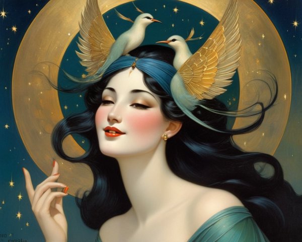 Ethereal Woman with Birds and Golden Halo in Blue Background