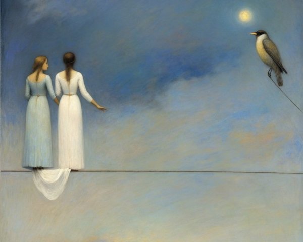 Ethereal Figures in Flowing Dresses Against Dreamy Sky